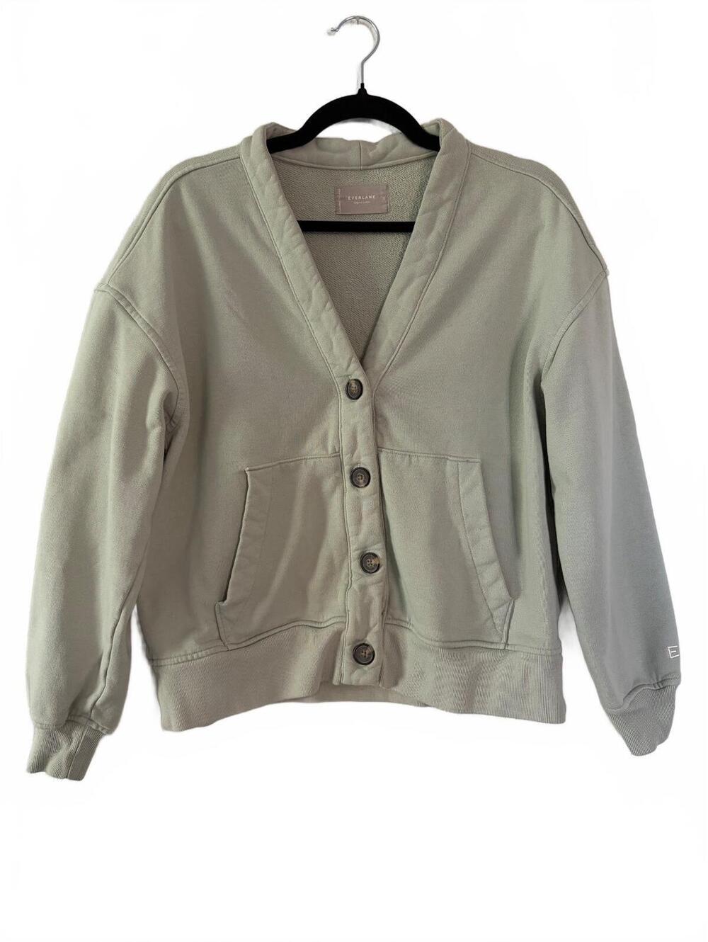 Everlane Organic Cotton Cardigan Sweatshirt Women's Sage Green Button-Up V-Neck